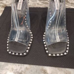 Women Steve Madden heels, size 9 1/2, black with clear straps and rhinestones.